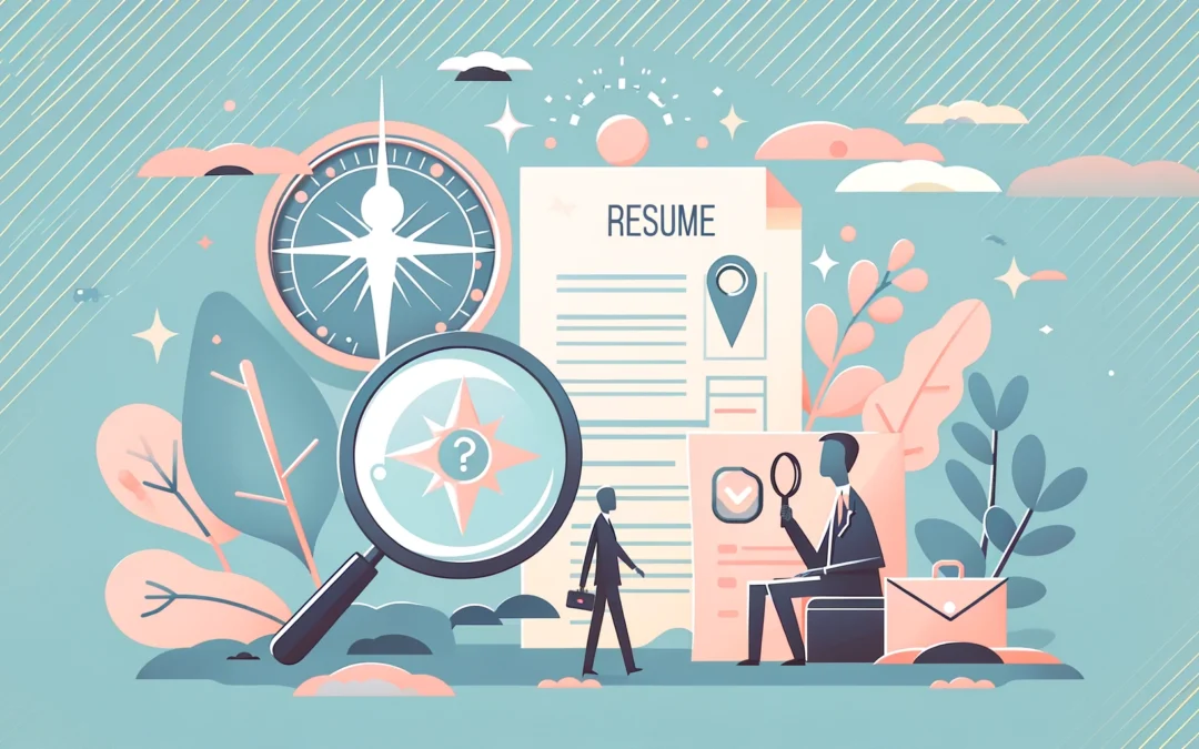 Job search tips: An illustration showing a resume, a recruiter with a magnifying class inspecting the resume and an eager job seeker.